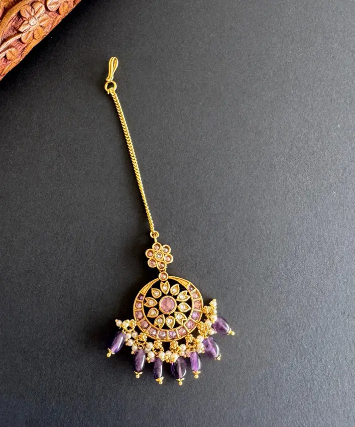 Antique Gold tone Purple Flower Tikka